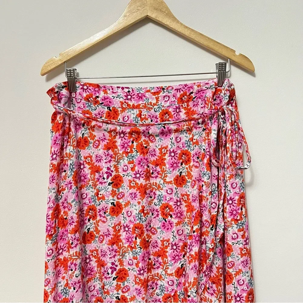 Lucky Brand Womens Wrap Skirt Size Large Pink Orange Floral Maxi Cottagecore
